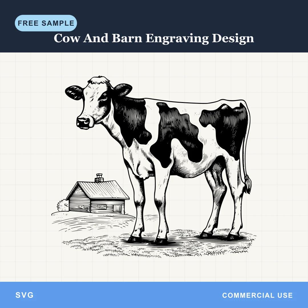 Free Cow And Barn Engraving Design SVG