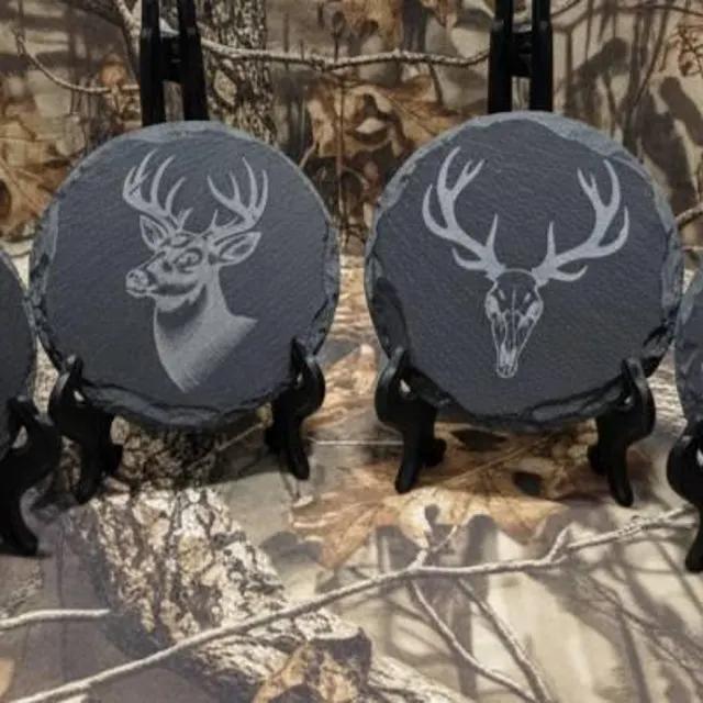 Deer head and skull on slate rounds