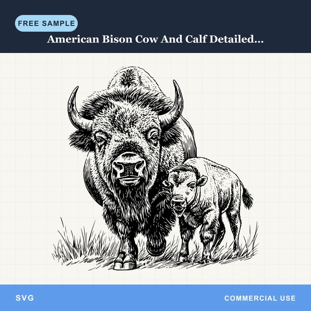 Free American Bison Cow And Calf Detailed Illustration 1 SVG