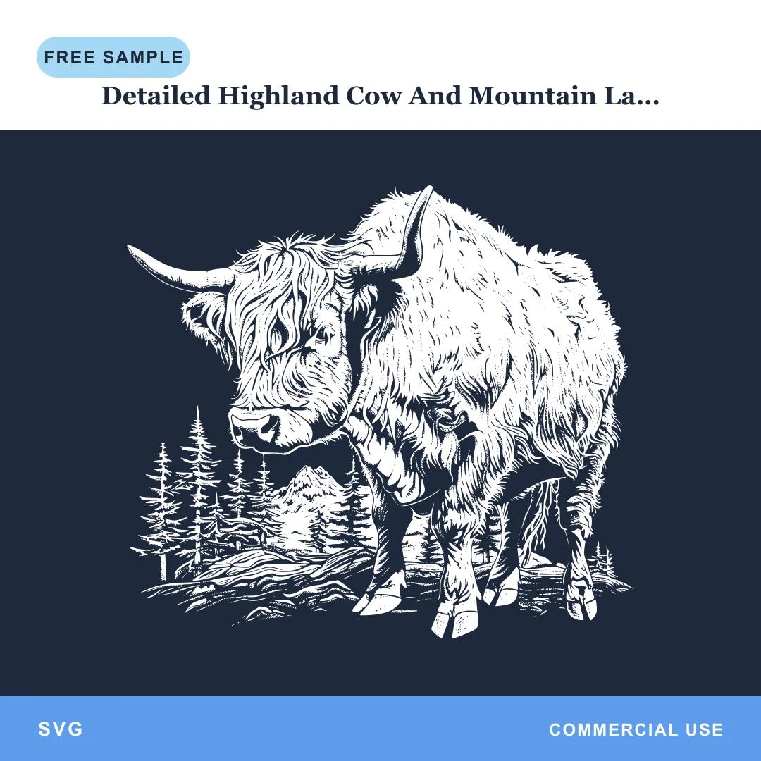 Free Detailed Highland Cow And Mountain Landscape SVG