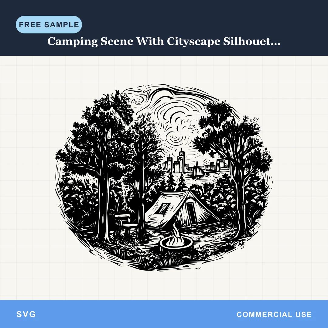 Free Camping Scene With Cityscape Silhouette SVG