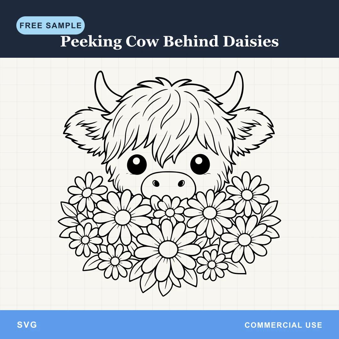 Free Peeking Cow Behind Daisies SVG