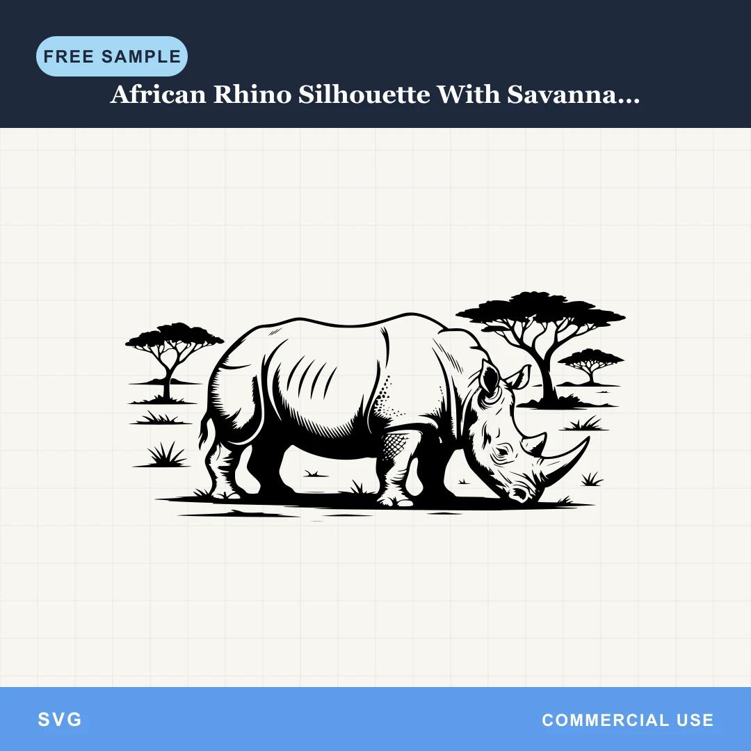 Free African Rhino Silhouette With Savannah Trees SVG