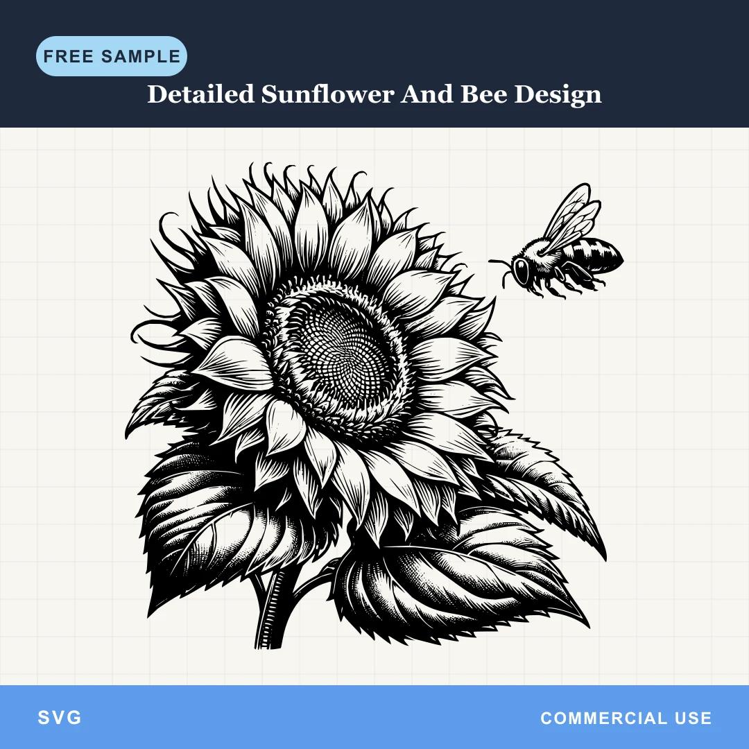 Free Detailed Sunflower And Bee Design SVG