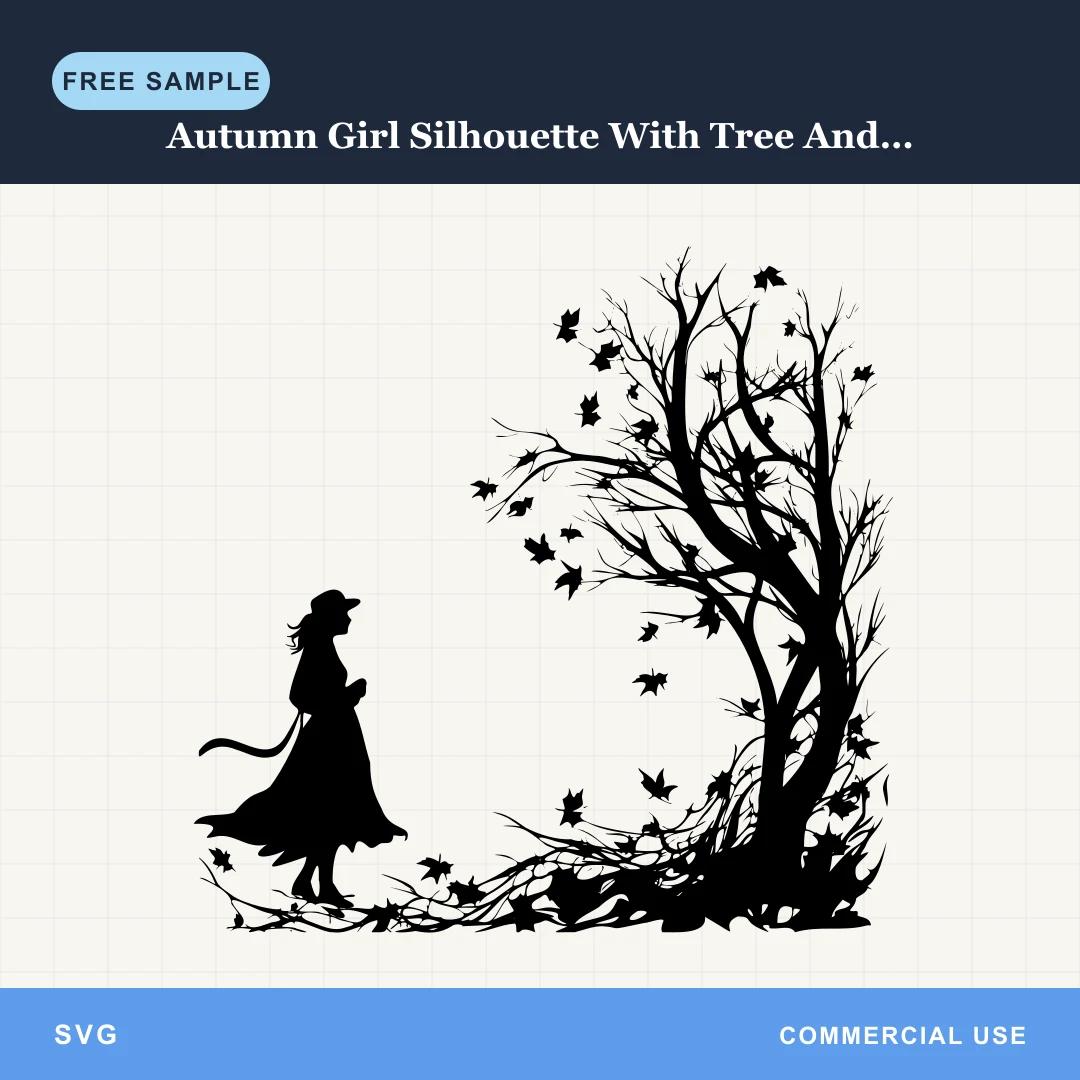 Free Autumn Girl Silhouette With Tree And Falling Leaves SVG