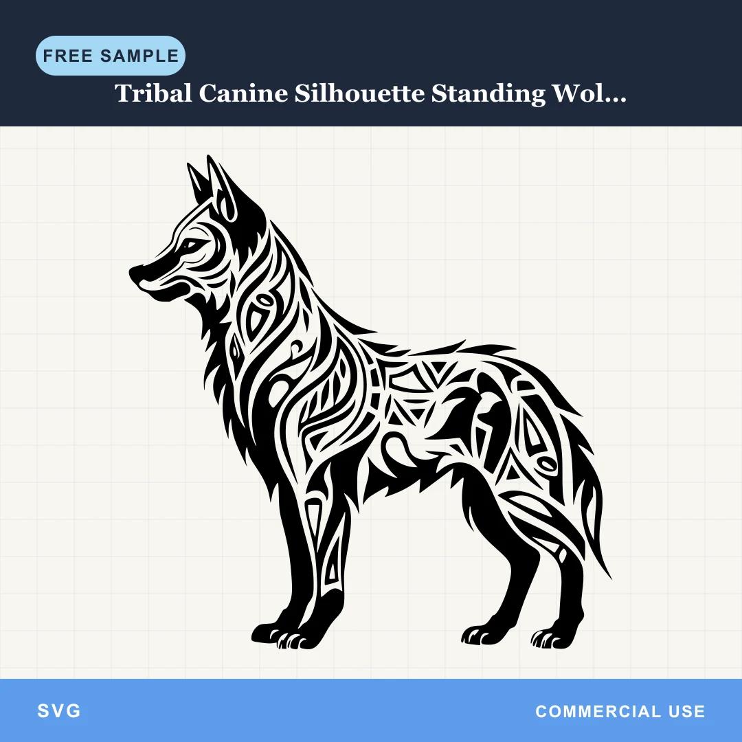 Free Tribal Canine Silhouette Standing Wolf 1 SVG