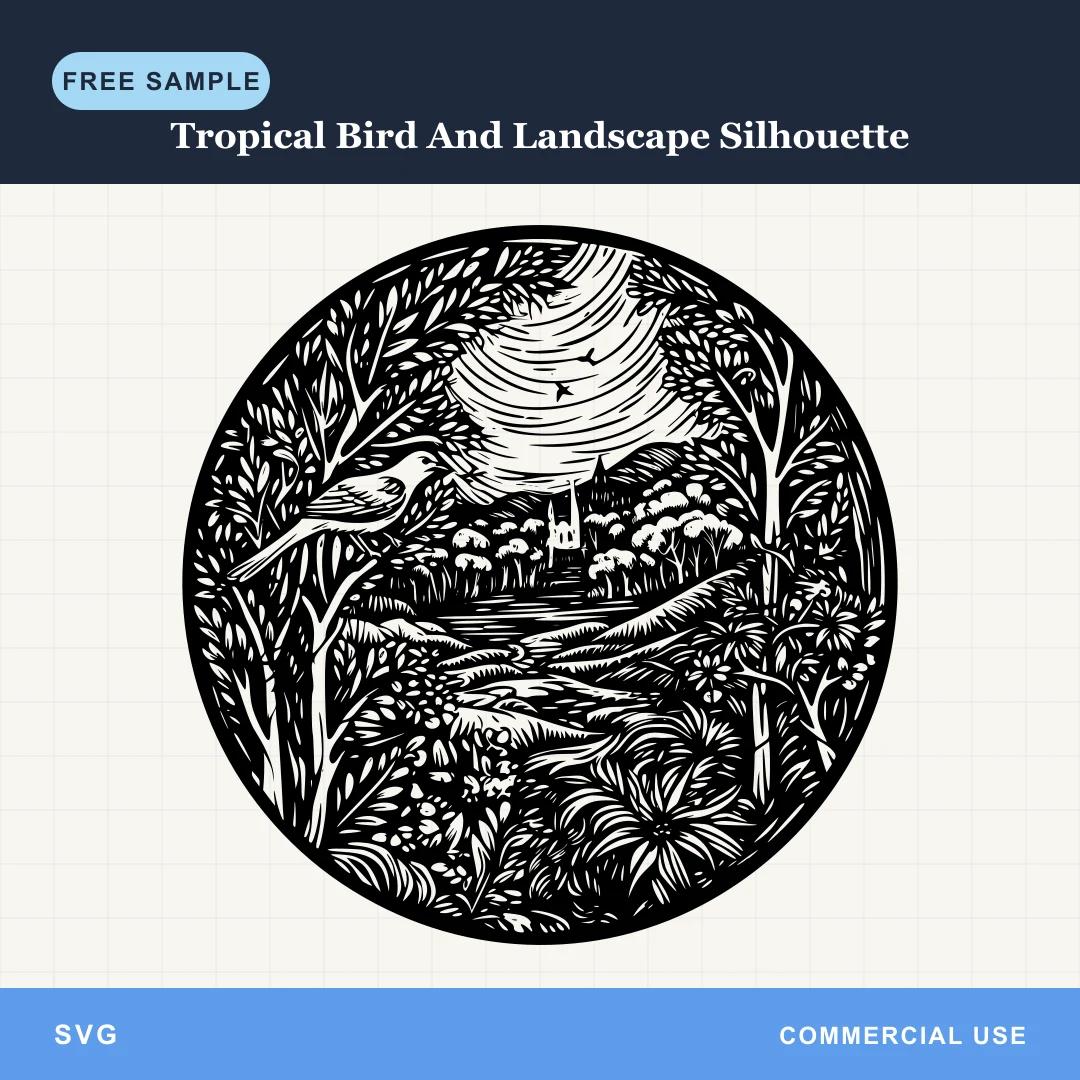 Free Tropical Bird And Landscape Silhouette SVG
