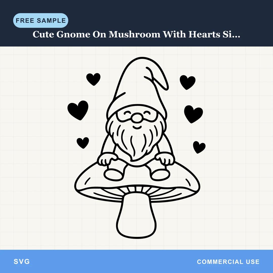 Free Cute Gnome On Mushroom With Hearts Silhouette SVG
