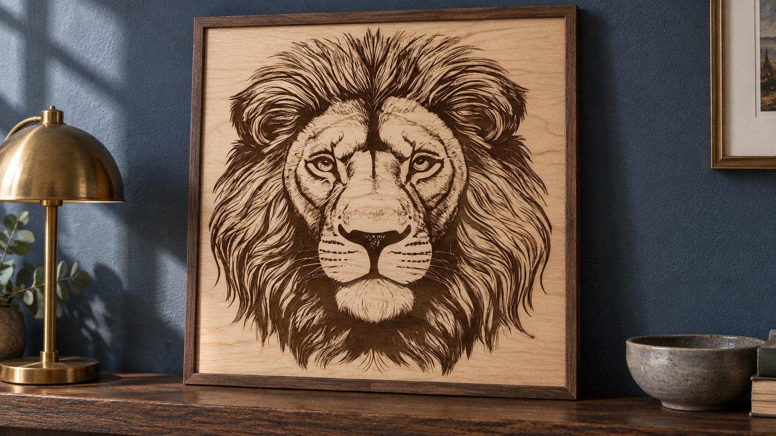 Detailed lion head engraved on maple within a walnut frame resting on a mantel against a deep-blue wall