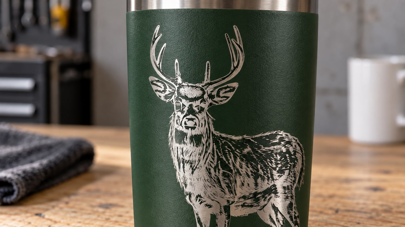 Close view of the same buck mark showing exposed satin steel against textured green coating