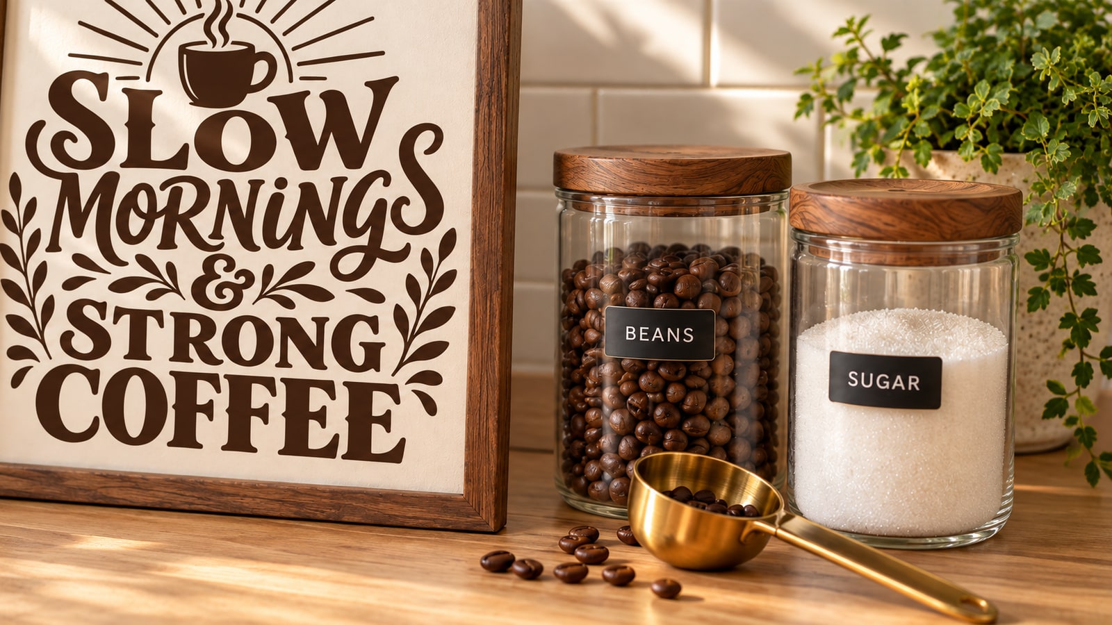 Close view of BEANS and SUGAR labels beside the same framed coffee sign