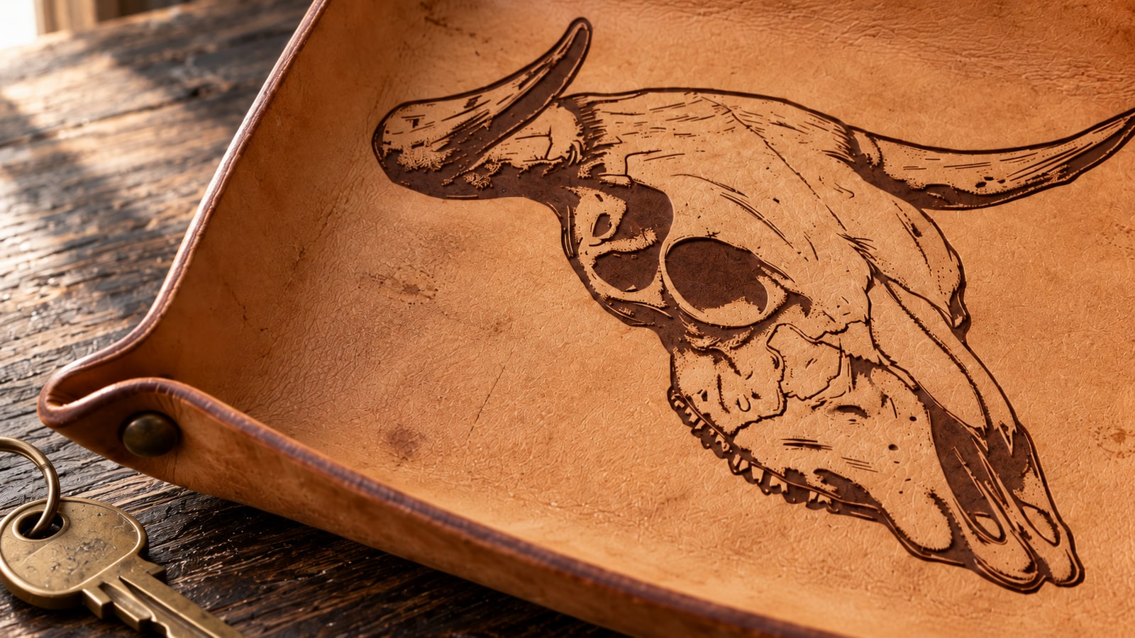 Close view of the same engraved leather skull, grain and riveted tray corner