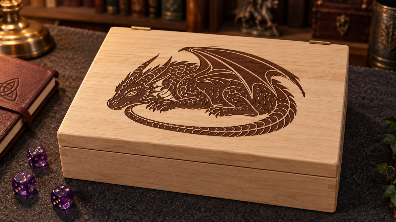 Closed maple dice box with a dark sleeping-dragon engraving beside purple dice on a charcoal game table