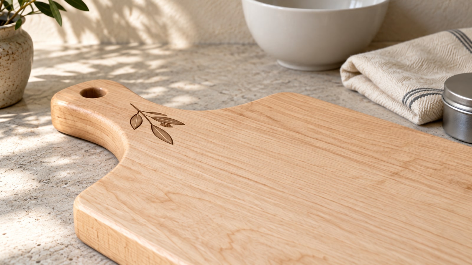 Close view of the same maple handle and olive sprig engraving beside a blank satin-finished working face