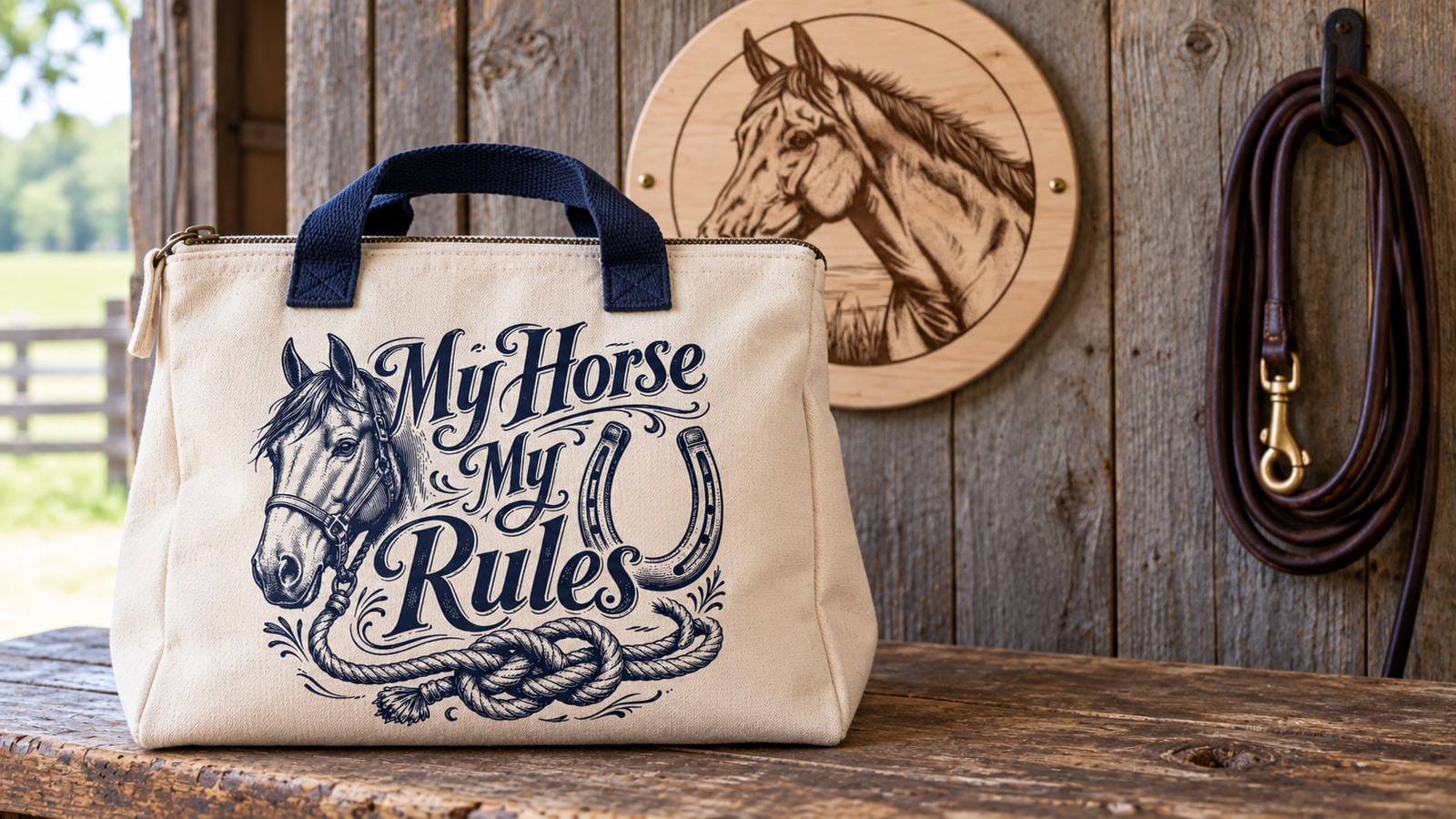 My Horse My Rules artwork printed on a cream tack bag in the same barn setting