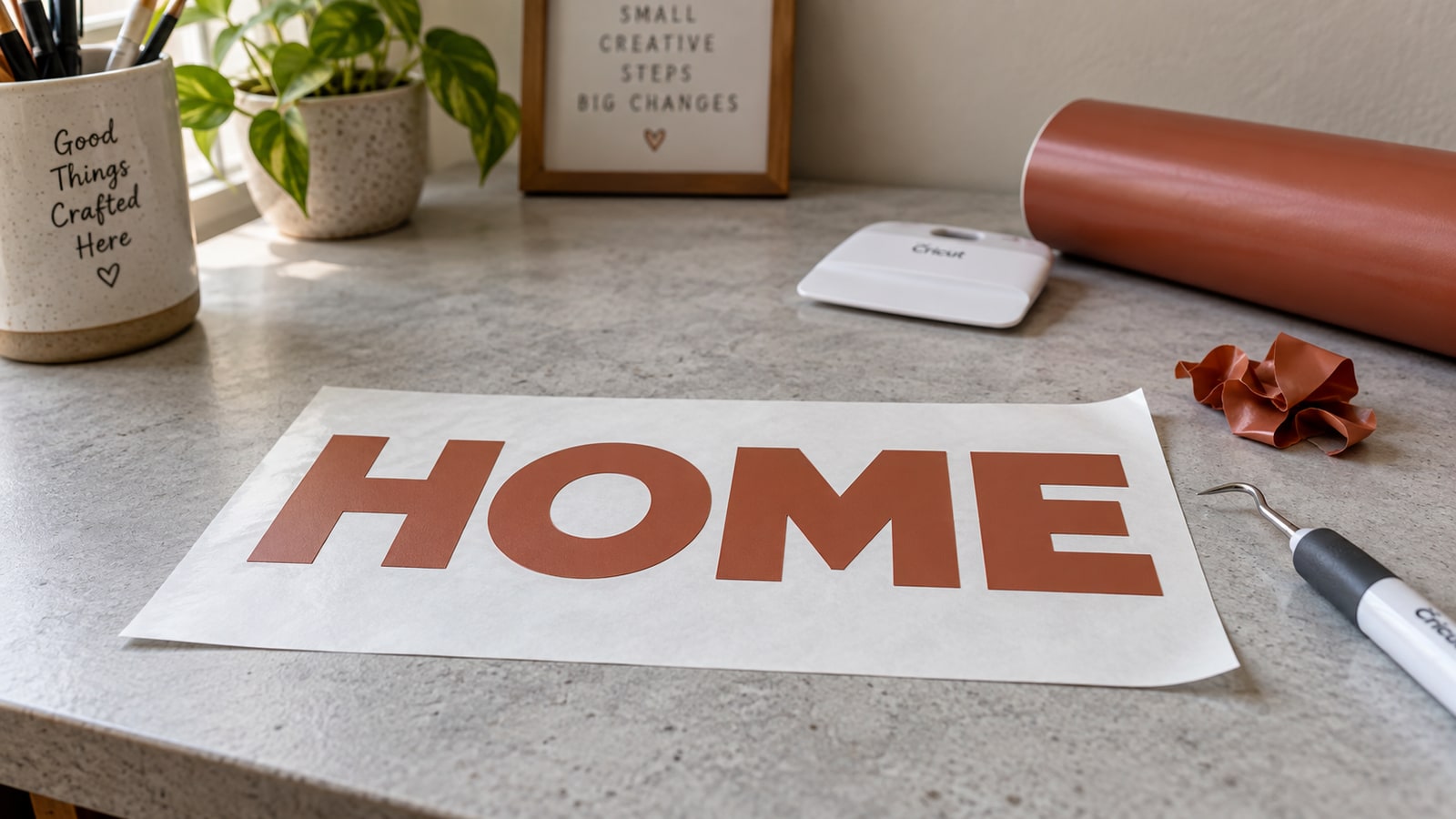 Terracotta HOME vinyl letters weeded on intact white release paper, with a hook and removed vinyl scrap nearby