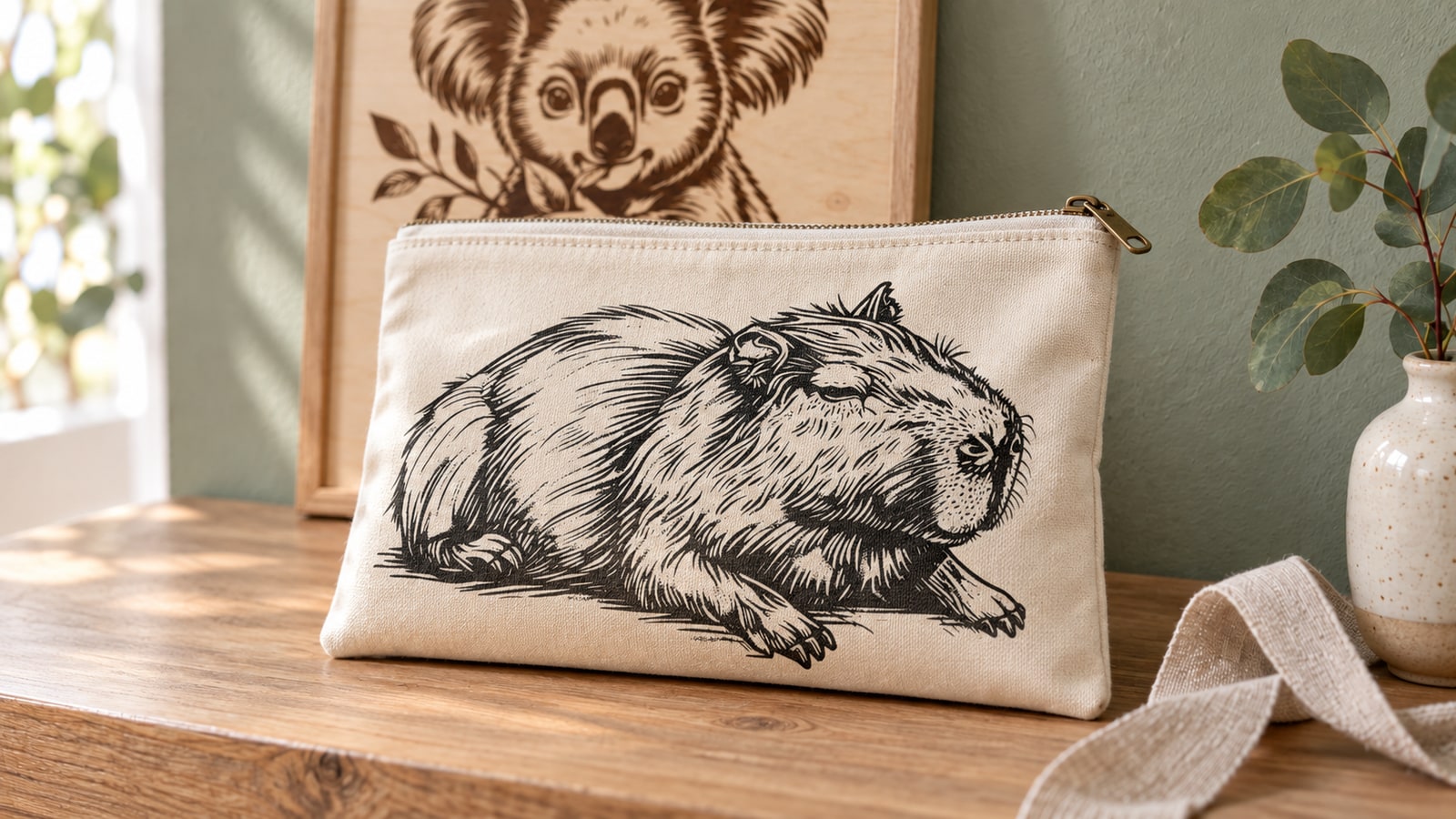 Resting capybara printed in black on a cream canvas zipper pouch in the same koala gift setting