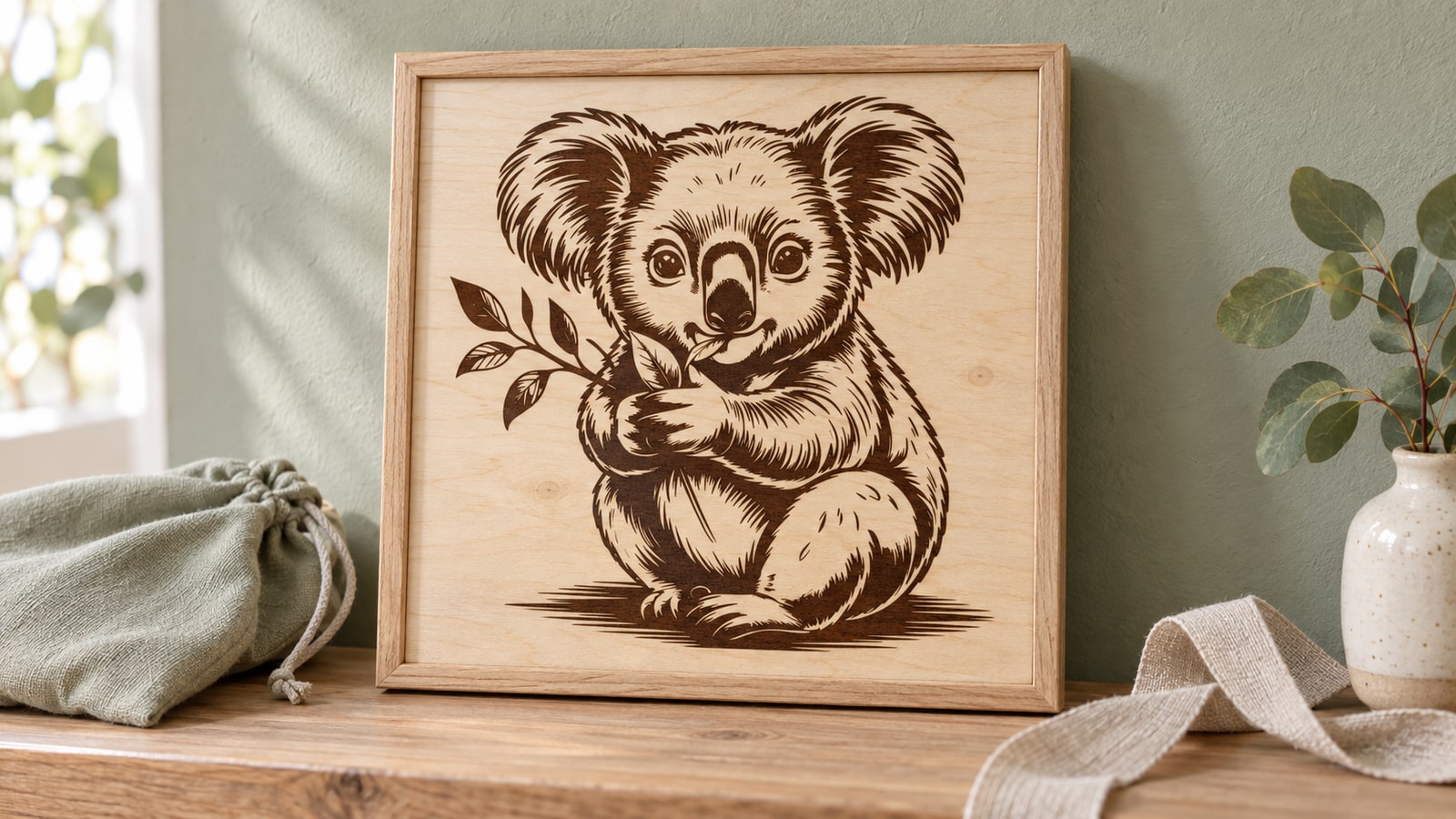 Catalog koala holding eucalyptus engraved on a pale birch plaque in an oak frame beside gift ribbon