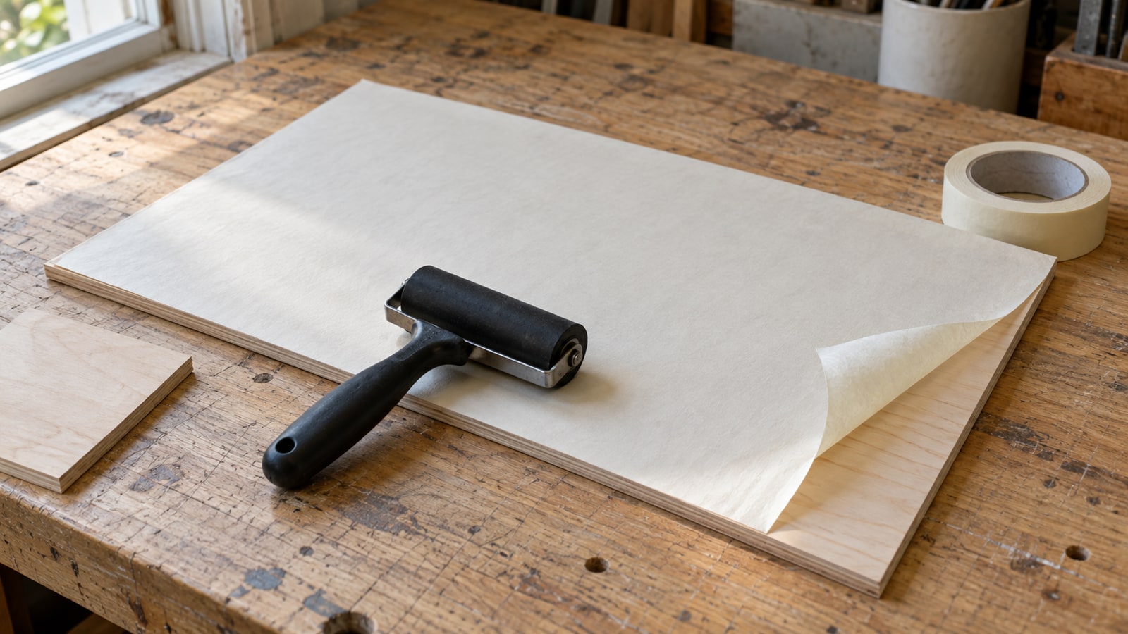 Paper masking partly peeled from a birch sheet beside a brayer and plain roll of masking