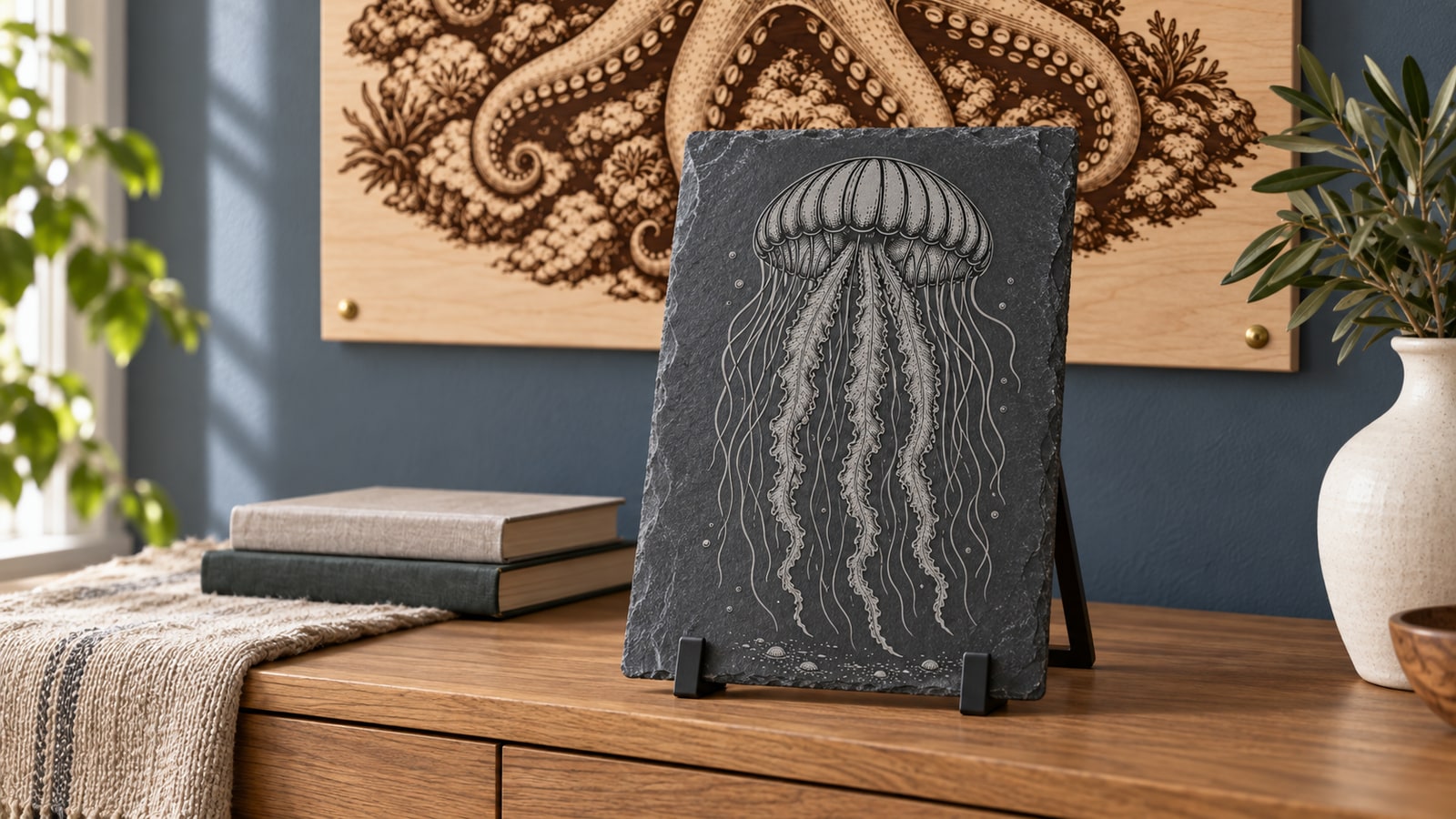 Pale jellyfish surface engraving on a slate plaque with a visible metal easel in the same octopus display room
