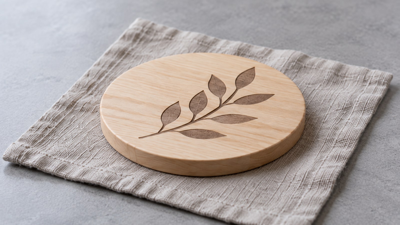 Closer angle of the same maple coaster showing its edge and seven-leaf engraved sprig on the same linen