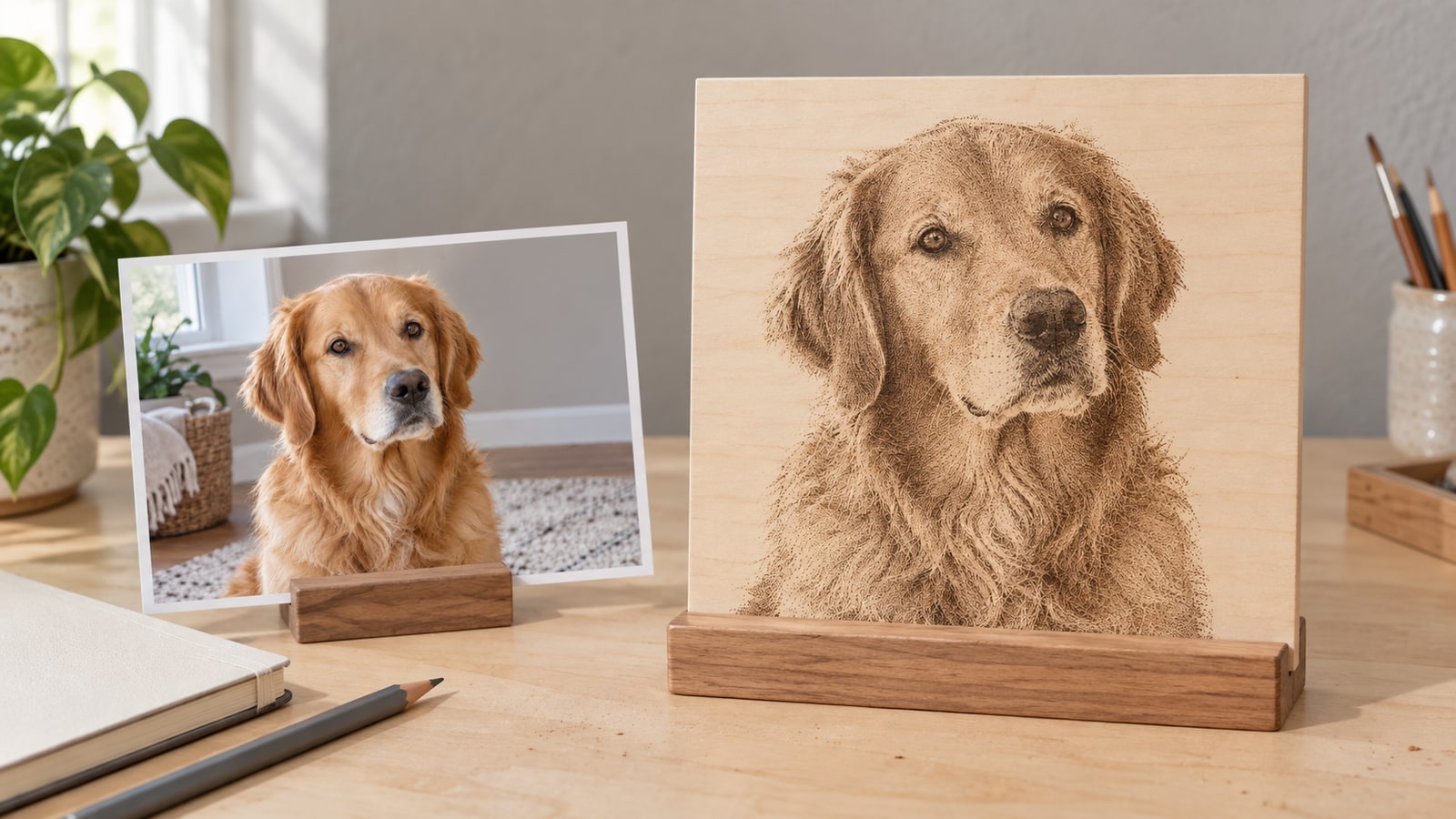 Basswood plaque with a flat dotted golden retriever portrait beside a matching color photo print on a maple desk