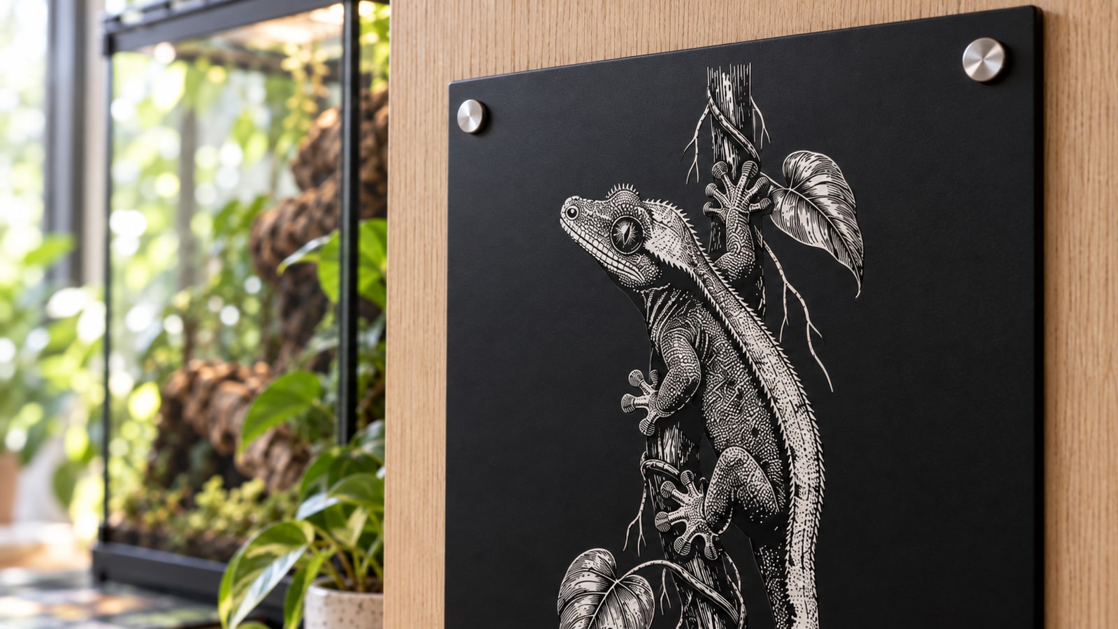 Closer view of the same mounted gecko plaque showing the crest, toes and pale linework on solid black metal