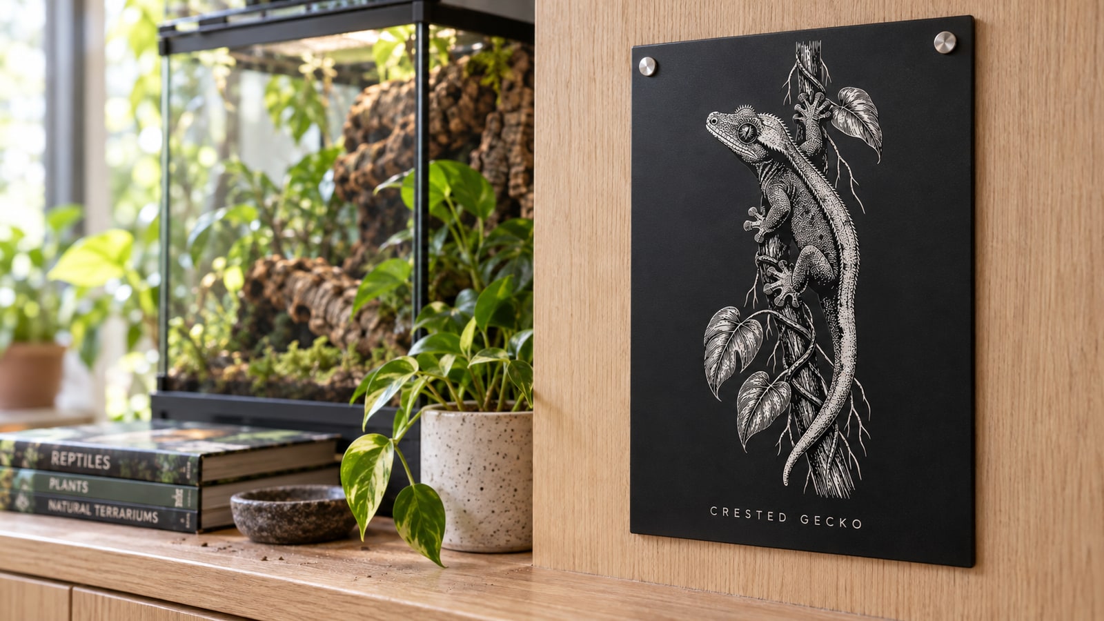 Black metal crested-gecko plaque mounted to oak beside a planted glass terrarium