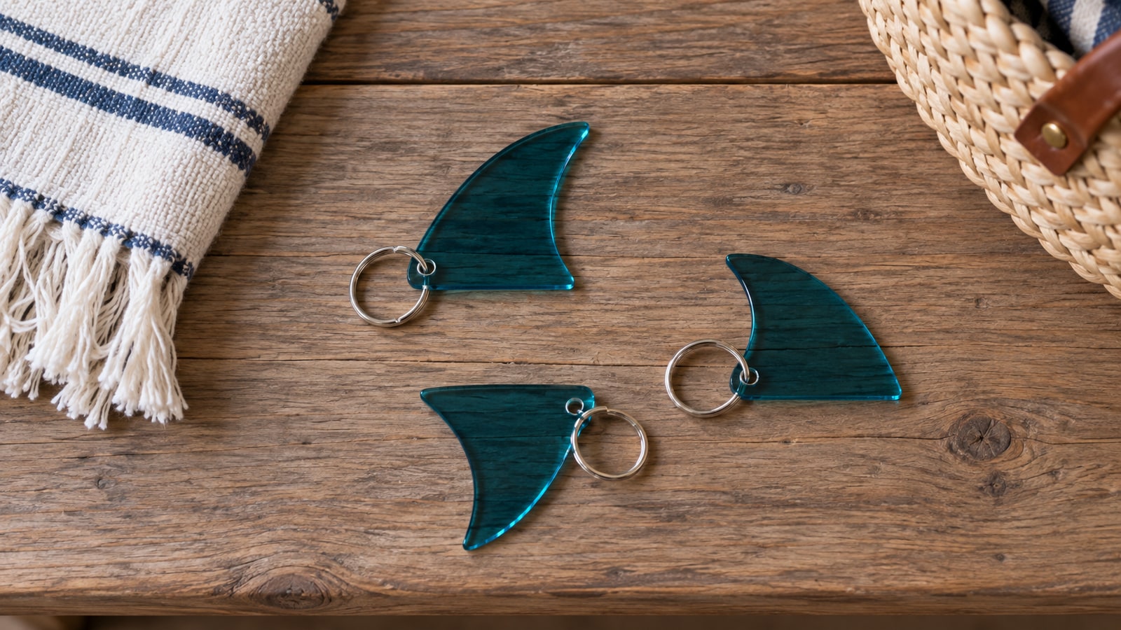 Three teal acrylic shark-fin keyrings lying flat on the same coastal bench