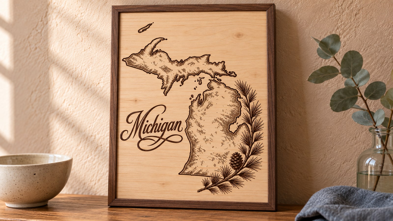 Michigan peninsulas, islands and white pine engraved on continuous maple in the same console setting
