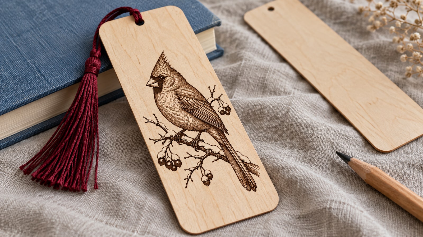 Birch bookmark marked with a cardinal on a berry branch, with a burgundy tassel beside a blue clothbound book