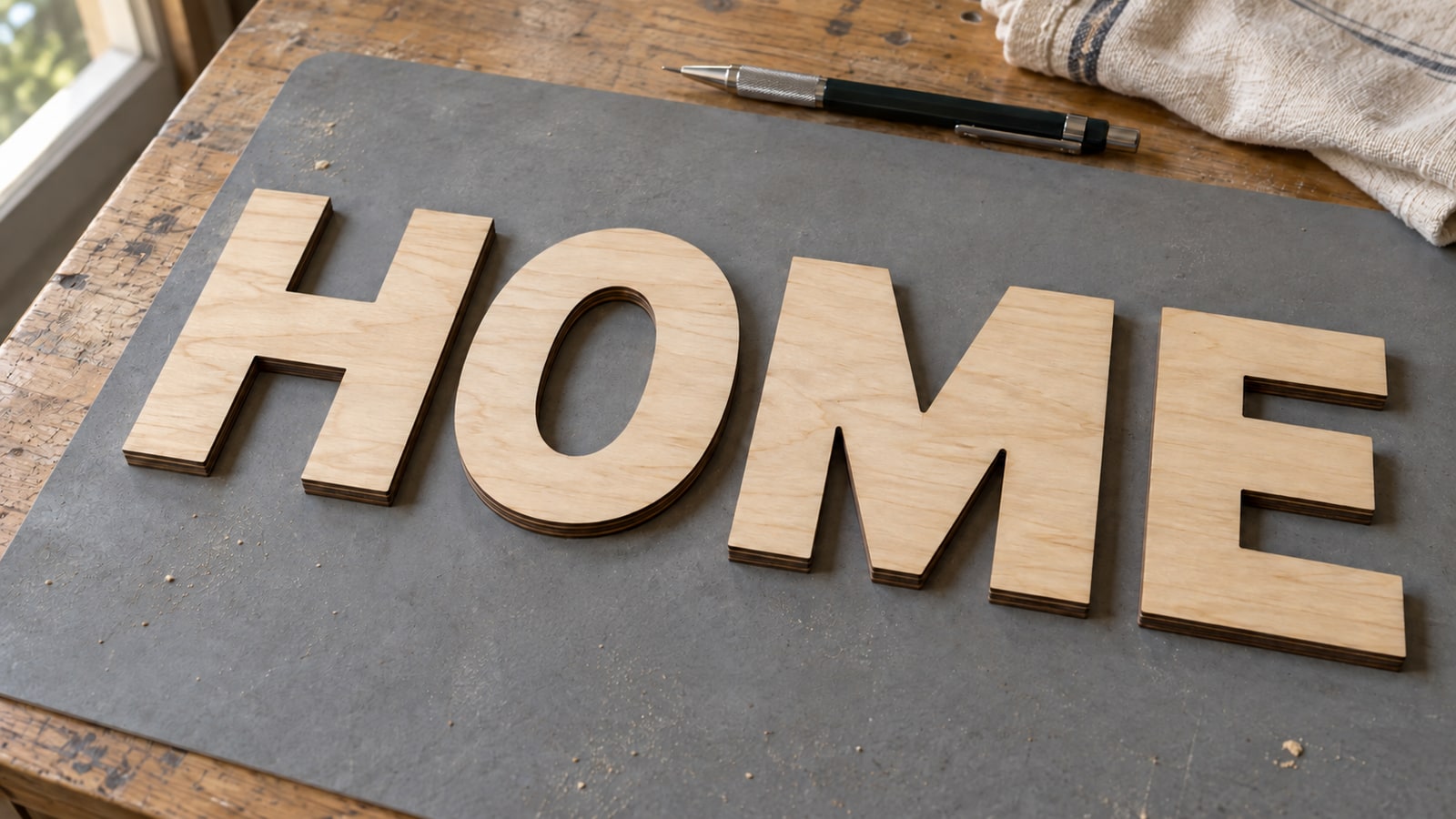 Four positive birch plywood letters spelling HOME lying flat on a gray workmat